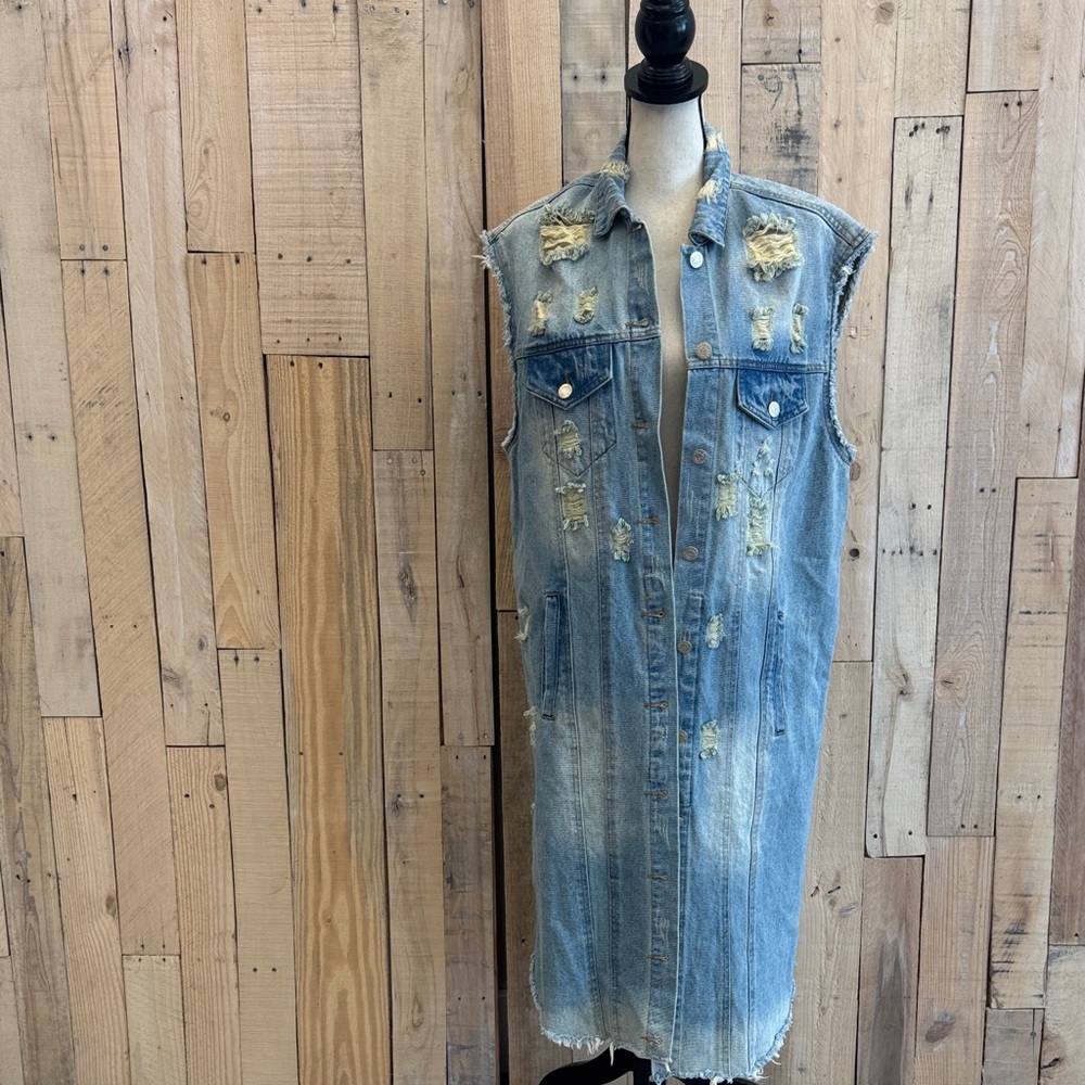 Distressed Denim Sleeveless Coat - Picture 1 of 5
